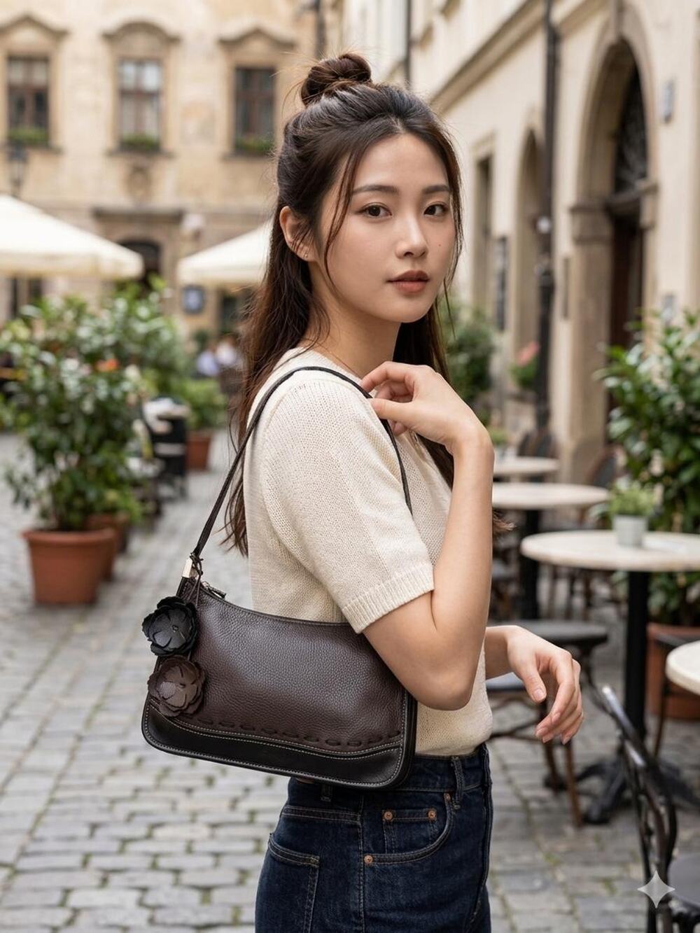 Brighton Black/Brown whipstitch pebble leather Y2K small shoulder bag Handbag